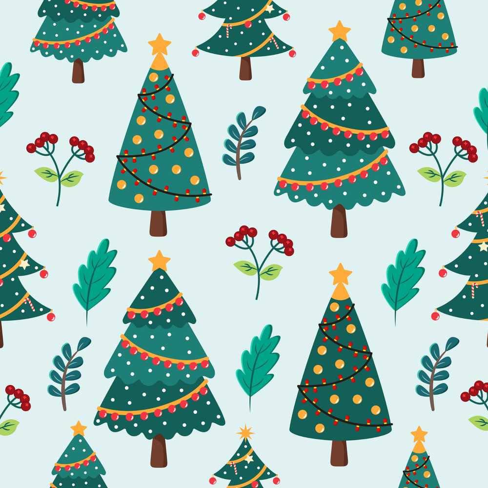Decorated Christmas Trees with Lights and Berries Festive Winter Holiday