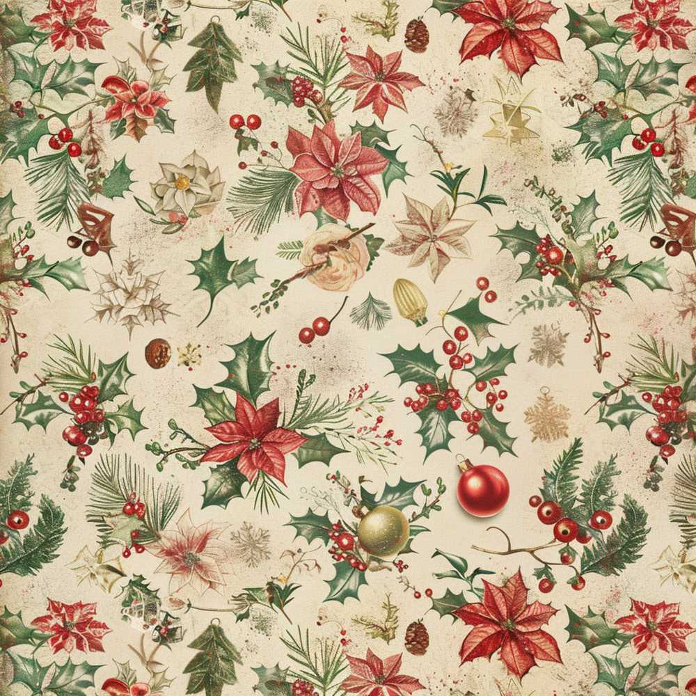 Vintage Christmas Floral with Holly Poinsettia and Pine Classic Holiday