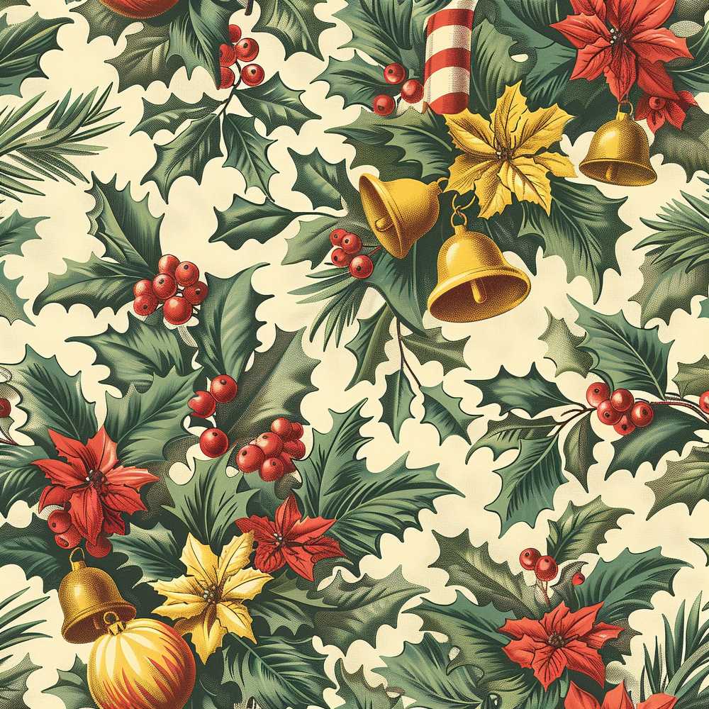 Elegant Christmas Holly Leaves with Bells and Poinsettia Festive Classic