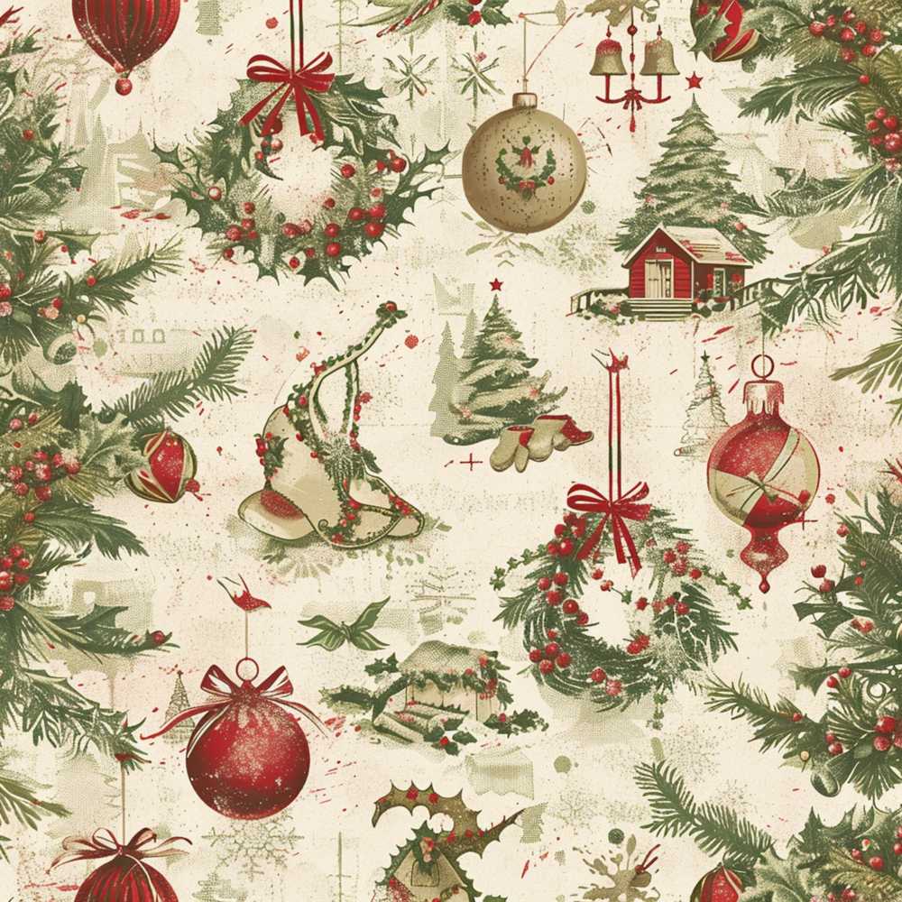 Vintage Christmas Wreaths Bells Baubles Festive Holiday Seasonal