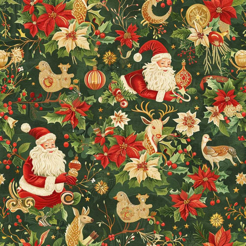Vintage Santa Claus Reindeer Poinsettia Festive Holiday Seasonal