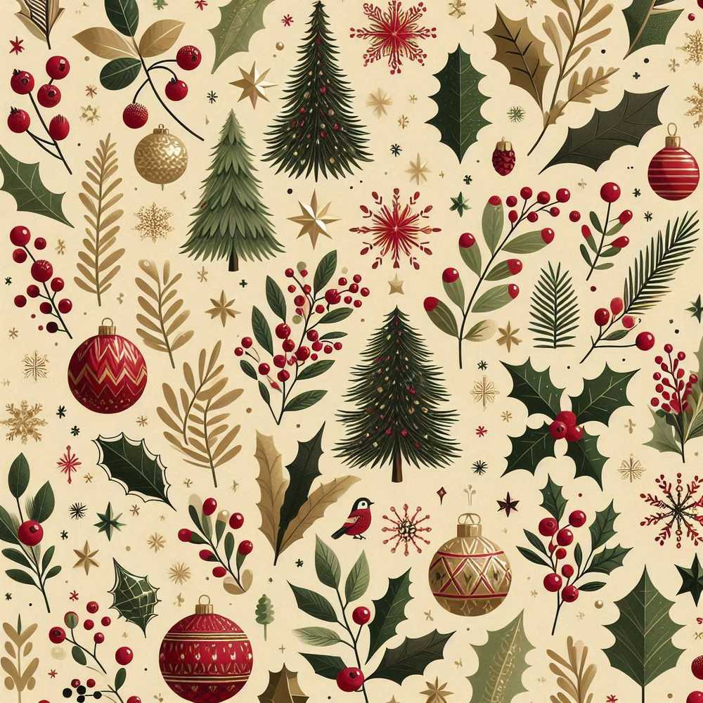 Vintage Christmas Trees Holly Berries Baubles Festive Holiday