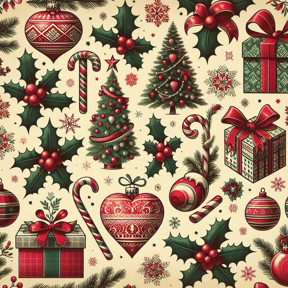 Vintage Christmas Tree Candy Cane Gifts Holly Festive Holiday
