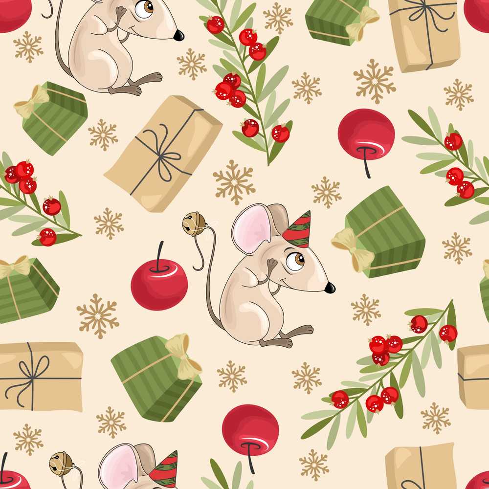 Cute Mouse Gifts Berries Snowflakes Festive Holiday Seasonal