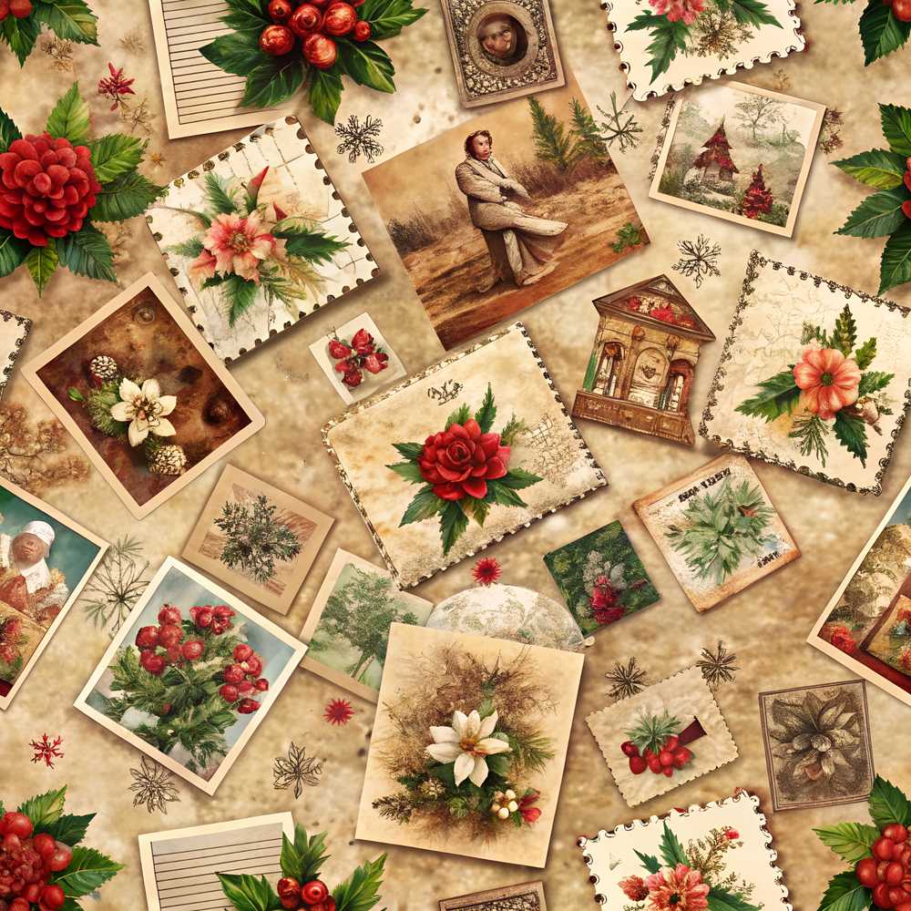 Rustic Vintage Christmas Floral Cards Letters Collage Wildflower Pattern