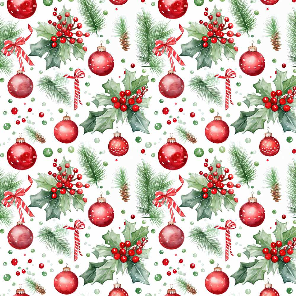 Watercolor Christmas Baubles Holly Pine Branches Festive Holiday