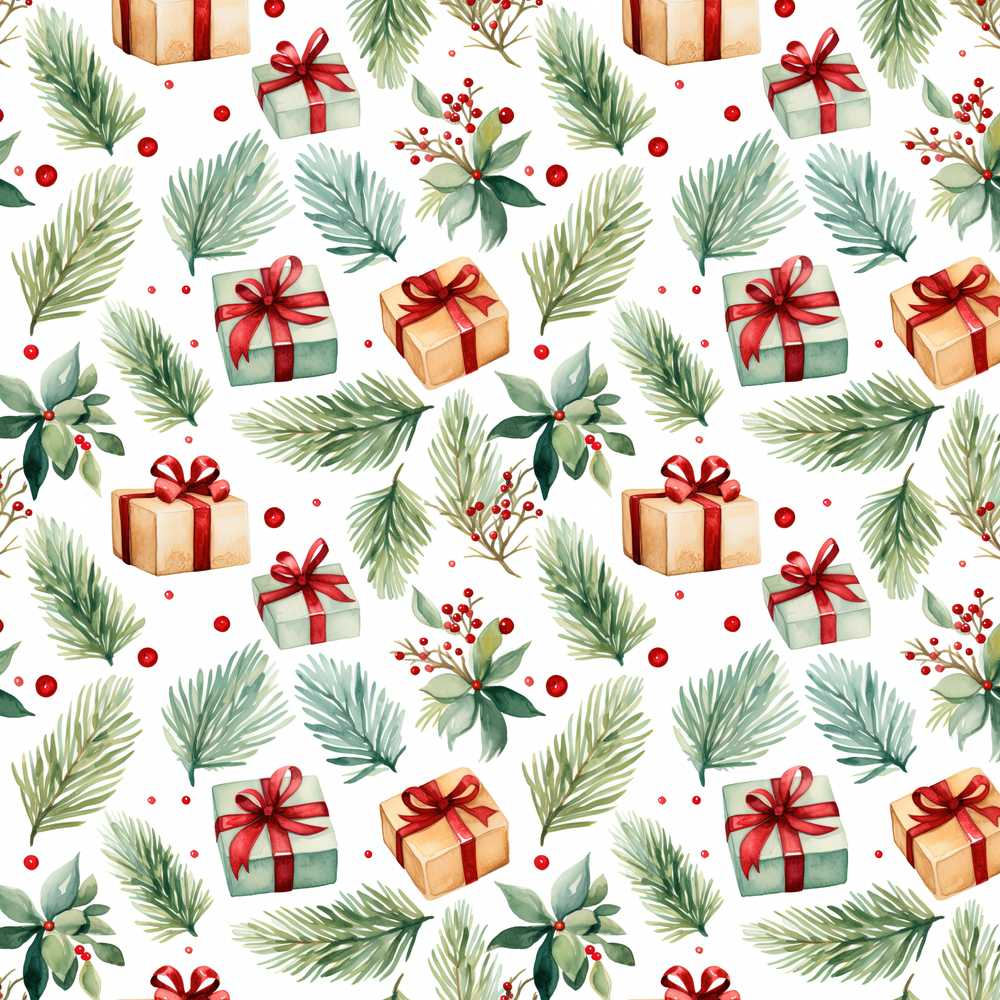 Watercolor Christmas Gifts Pine Branches Holly Berries Festive