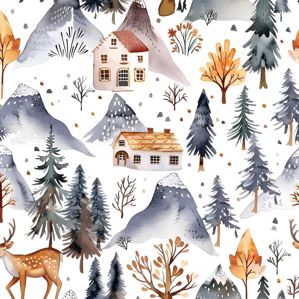Watercolor Winter Landscape Houses Mountains Trees Decorative Repeat