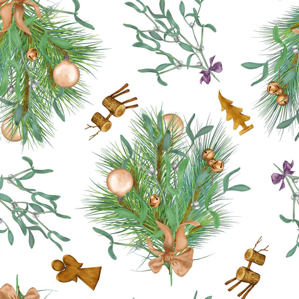 Elegant Christmas Pine Mistletoe Baubles Bells Festive Holiday