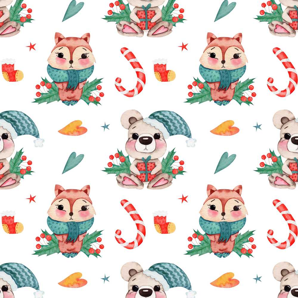 Cute Woodland Animals Bear Fox Christmas Theme Festive