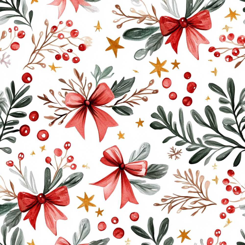 Elegant Christmas Bows Holly Leaves Berries Watercolor Wildflower Pattern