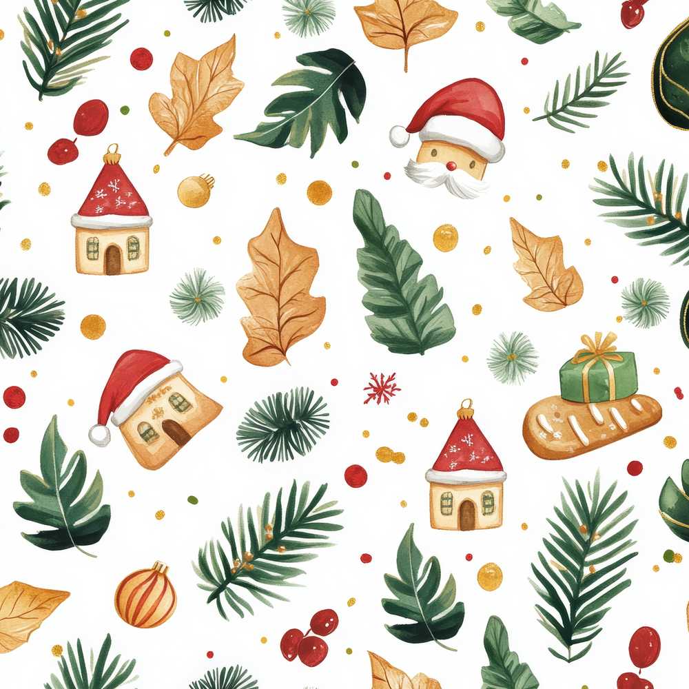 Festive Christmas Leaves Santa Houses Baubles Watercolor Wildflower Pattern