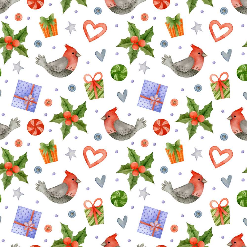 Cute Christmas Birds Gifts Holly Hearts Festive Watercolor