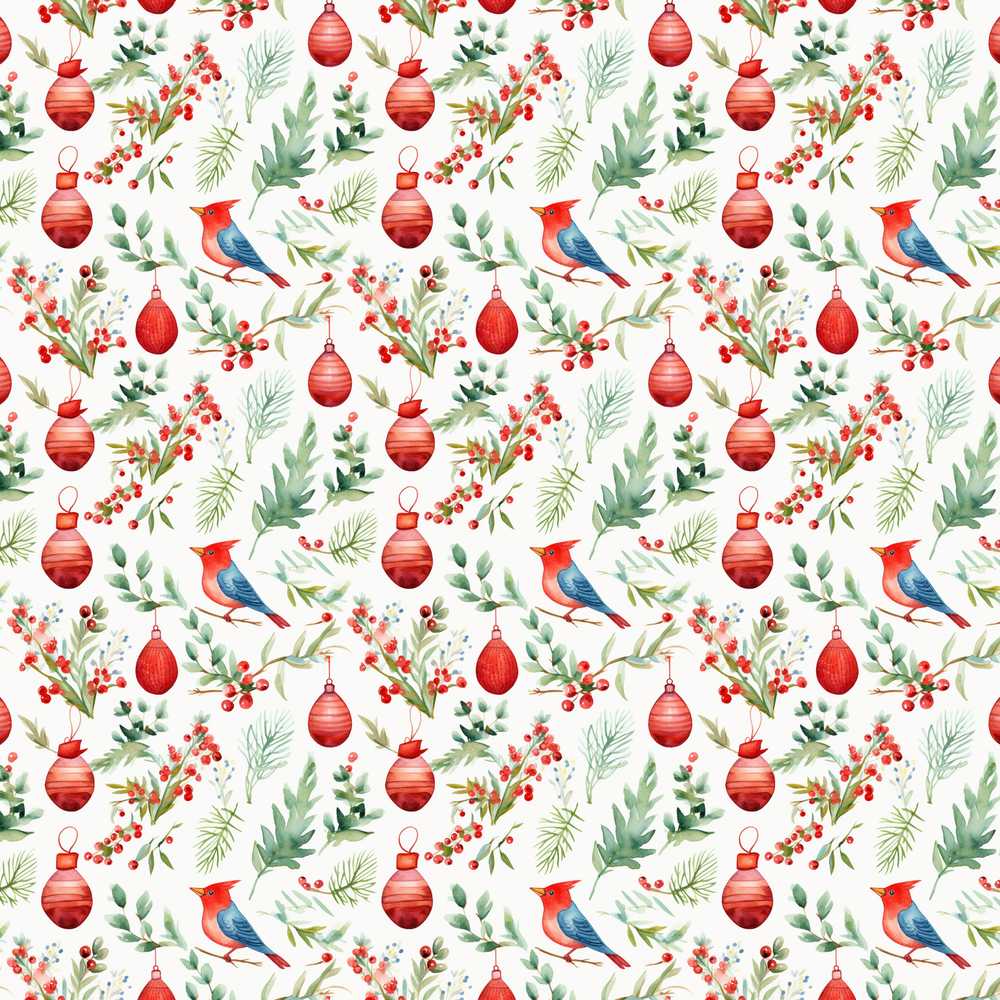 Watercolor Christmas Birds Baubles Holly Leaves Festive Wildflower Pattern