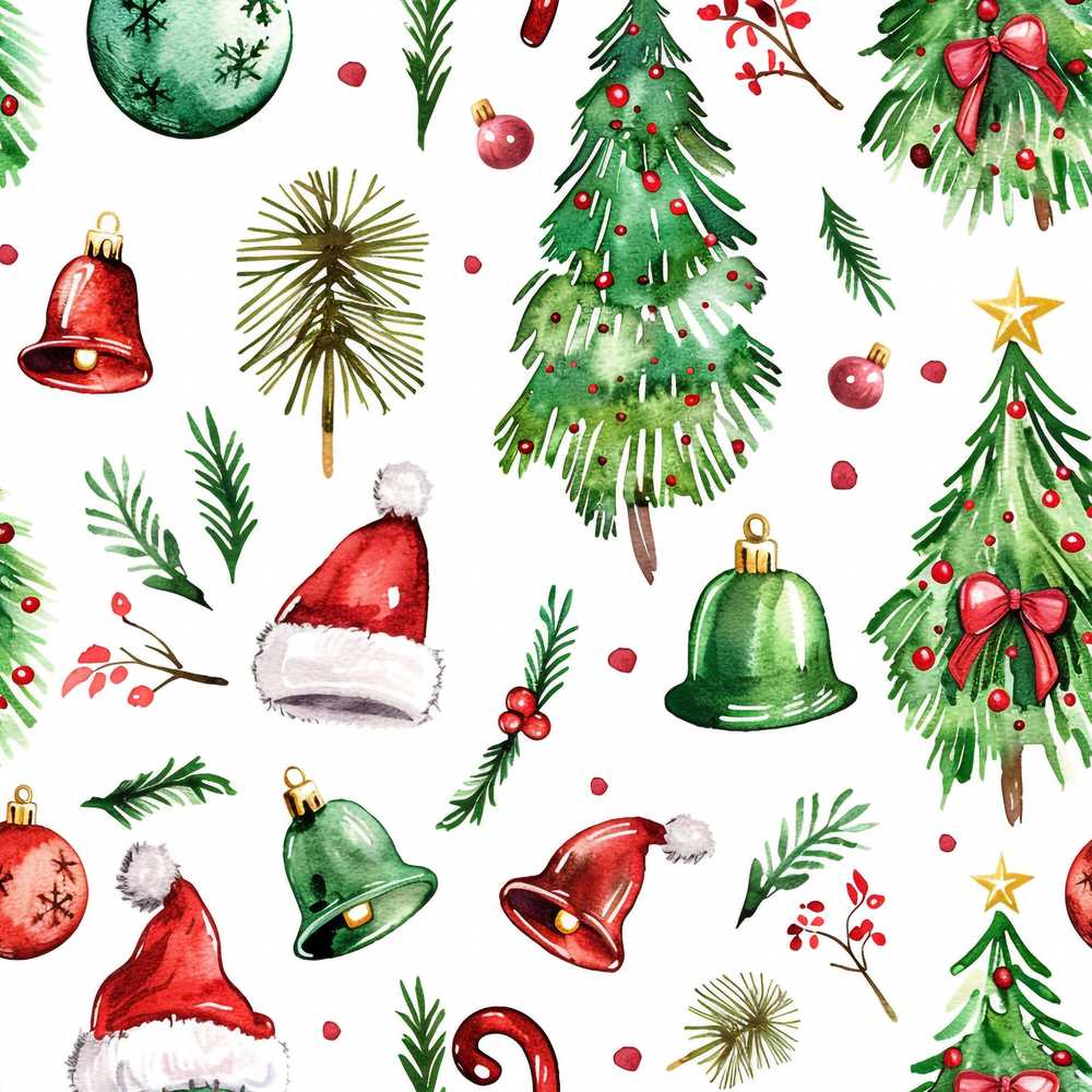 Watercolor Christmas Trees Bells Santa Hats Festive Holiday