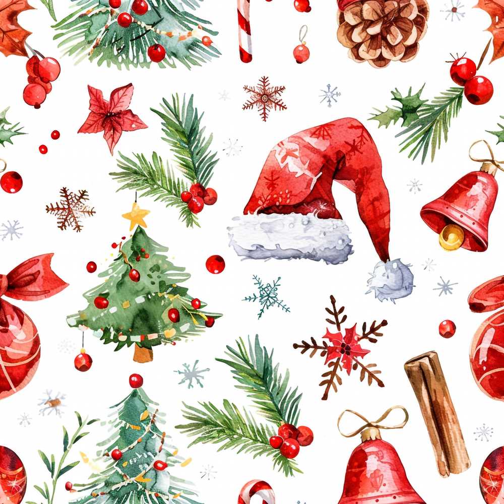 Watercolor Christmas Santa Hat Tree Branches Snowflakes Festive