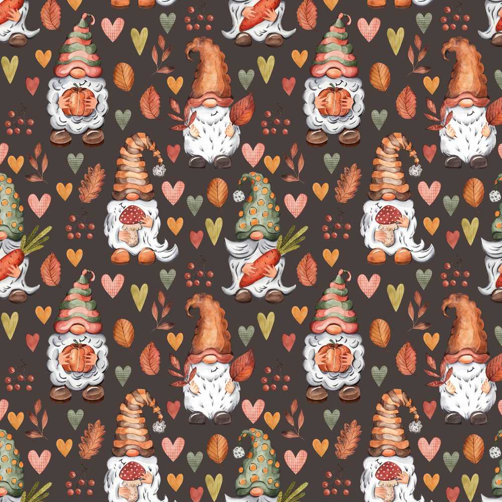 Autumn Gnomes Leaves Hearts Cozy Fall Watercolor Wildflower Pattern