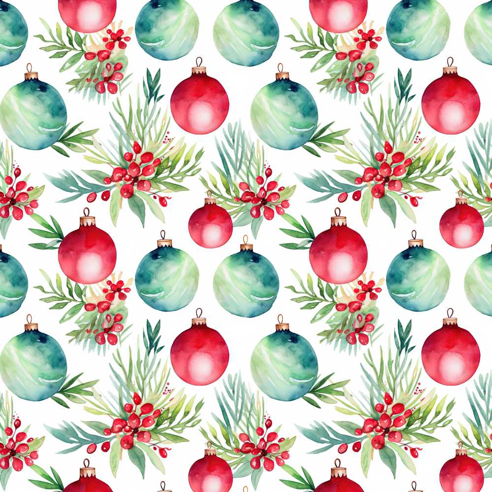 Watercolor Christmas Baubles Holly Leaves Festive Wildflower Pattern Botanical