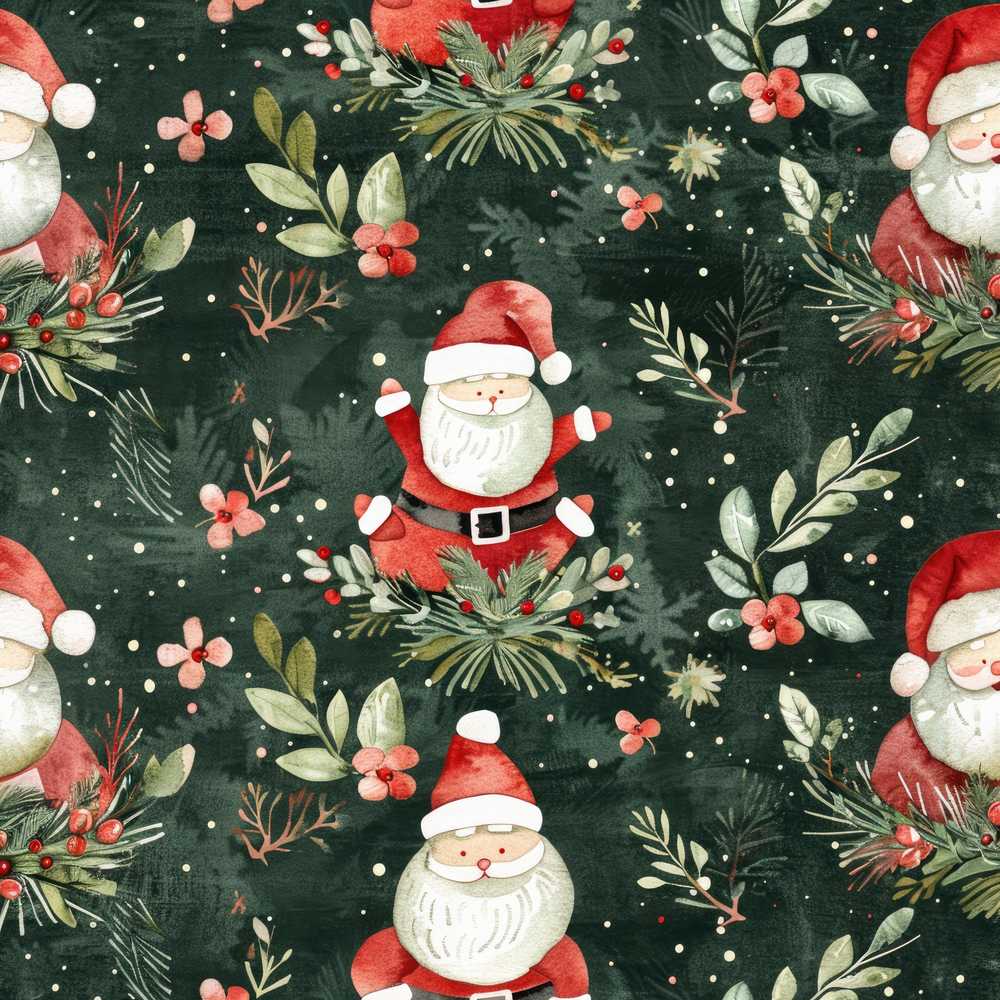 Christmas Santa Botanical Dark Green Festive Wildflower Pattern