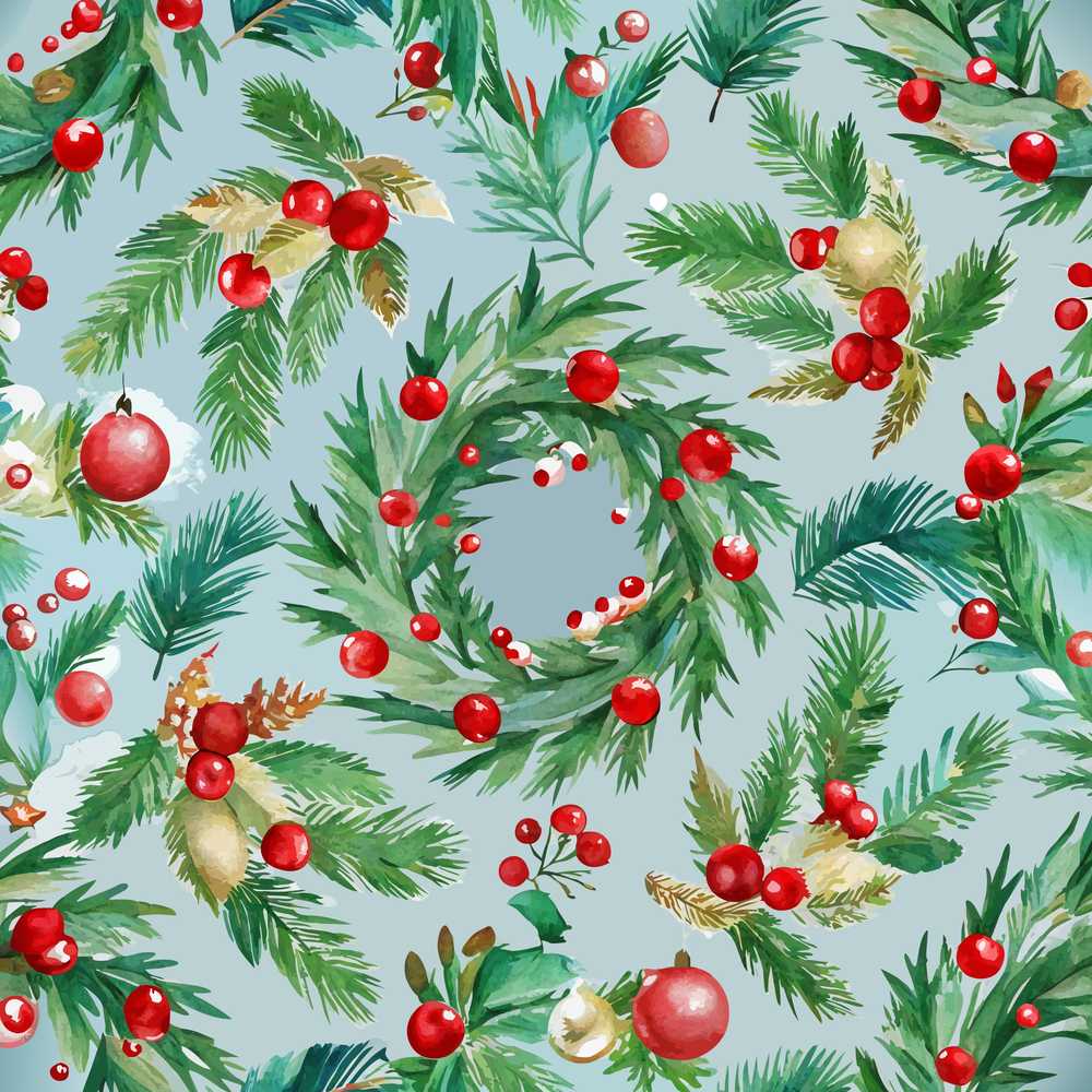 Watercolor Christmas Wreath Pine Branches Red Berries Festive