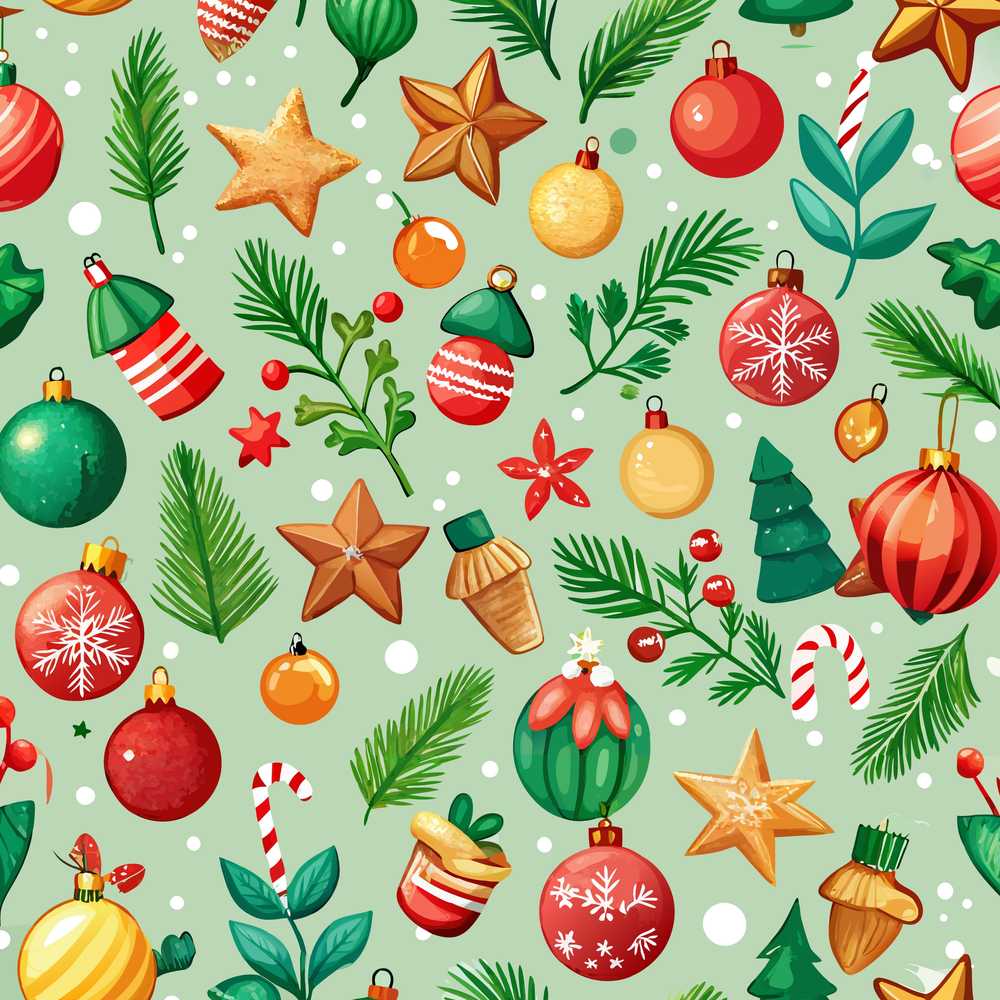 Colorful Christmas Baubles Stars Pine Branches Festive Holiday