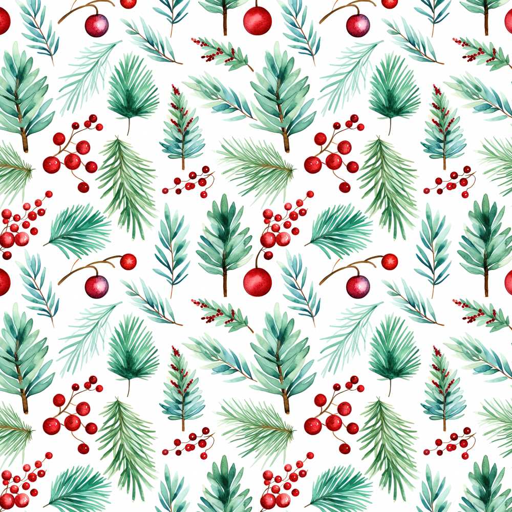Watercolor Pine Branches Red Berries Christmas Foliage Festive