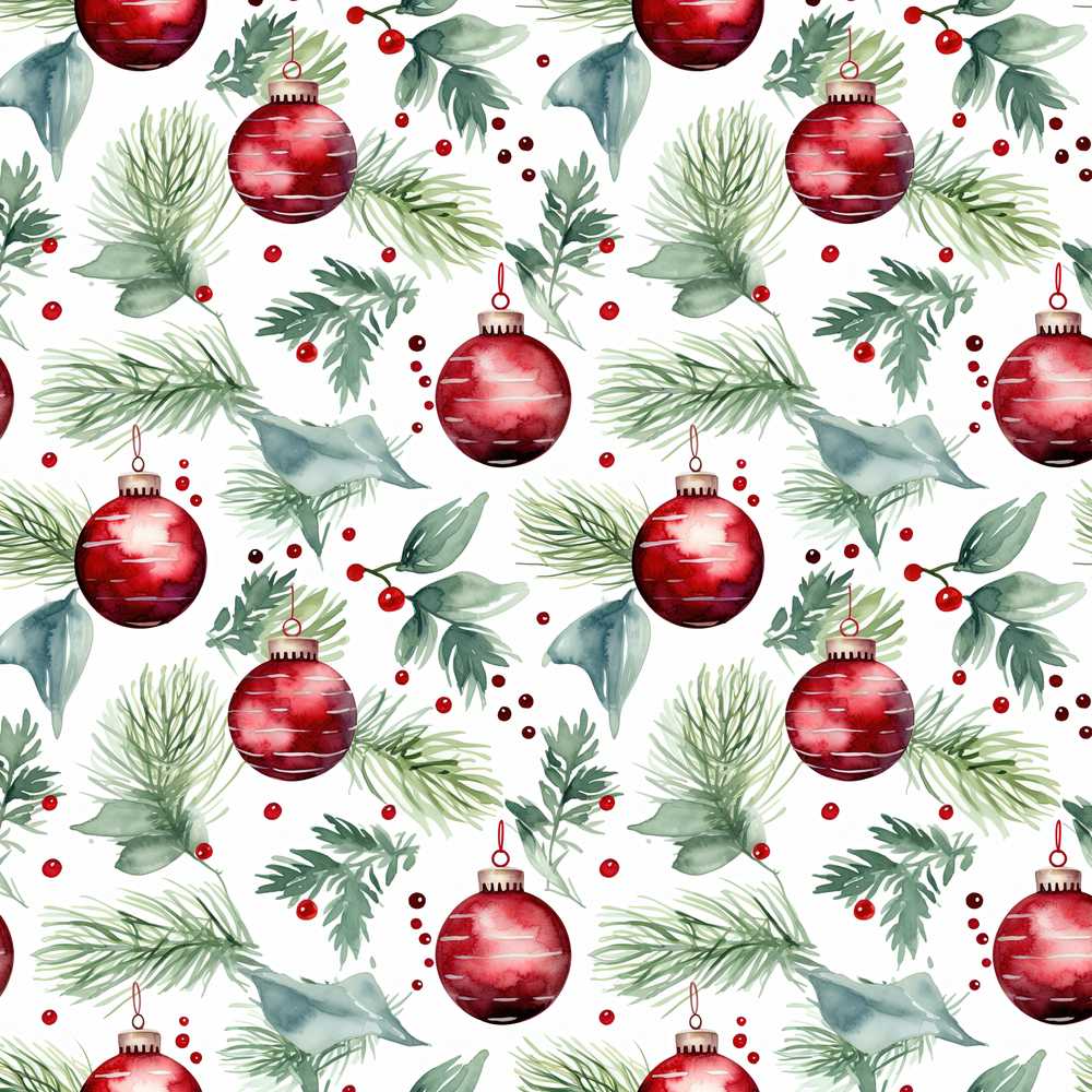 Watercolor Red Baubles Pine Branches Festive Holiday Seasonal