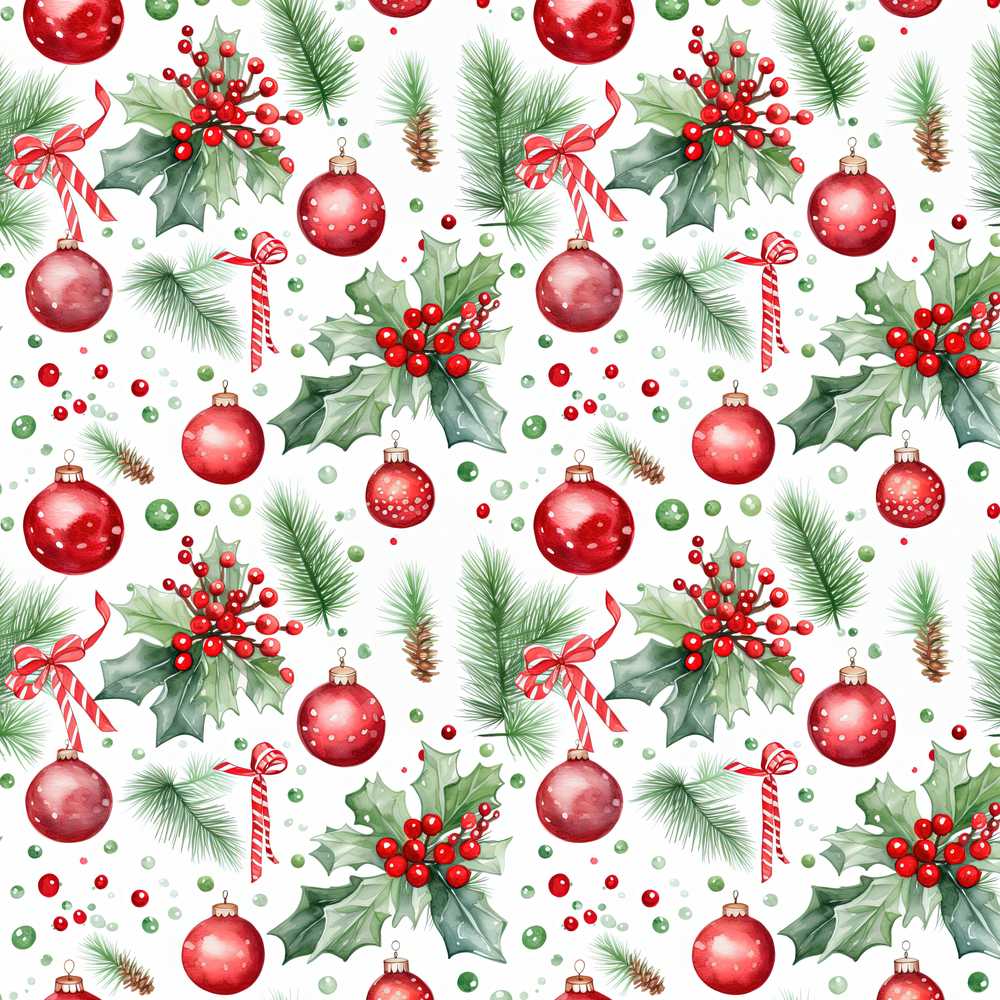 Watercolor Holly Leaves Red Berries Baubles Festive Wildflower Pattern