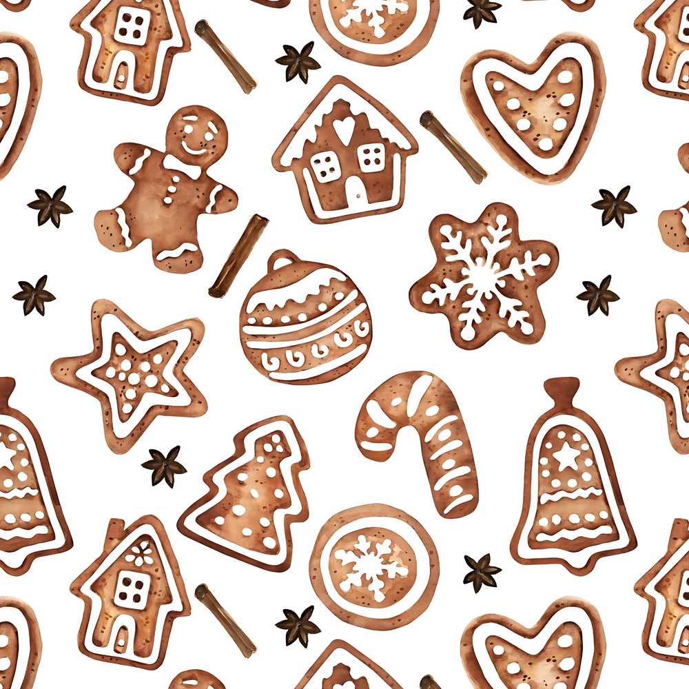 Watercolor Gingerbread Cookies Star Anise Festive Decorative Repeat