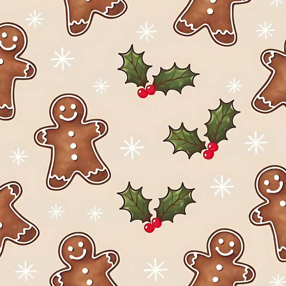 Gingerbread Cookies Holly Leaves Festive Christmas Wildflower Pattern Botanical