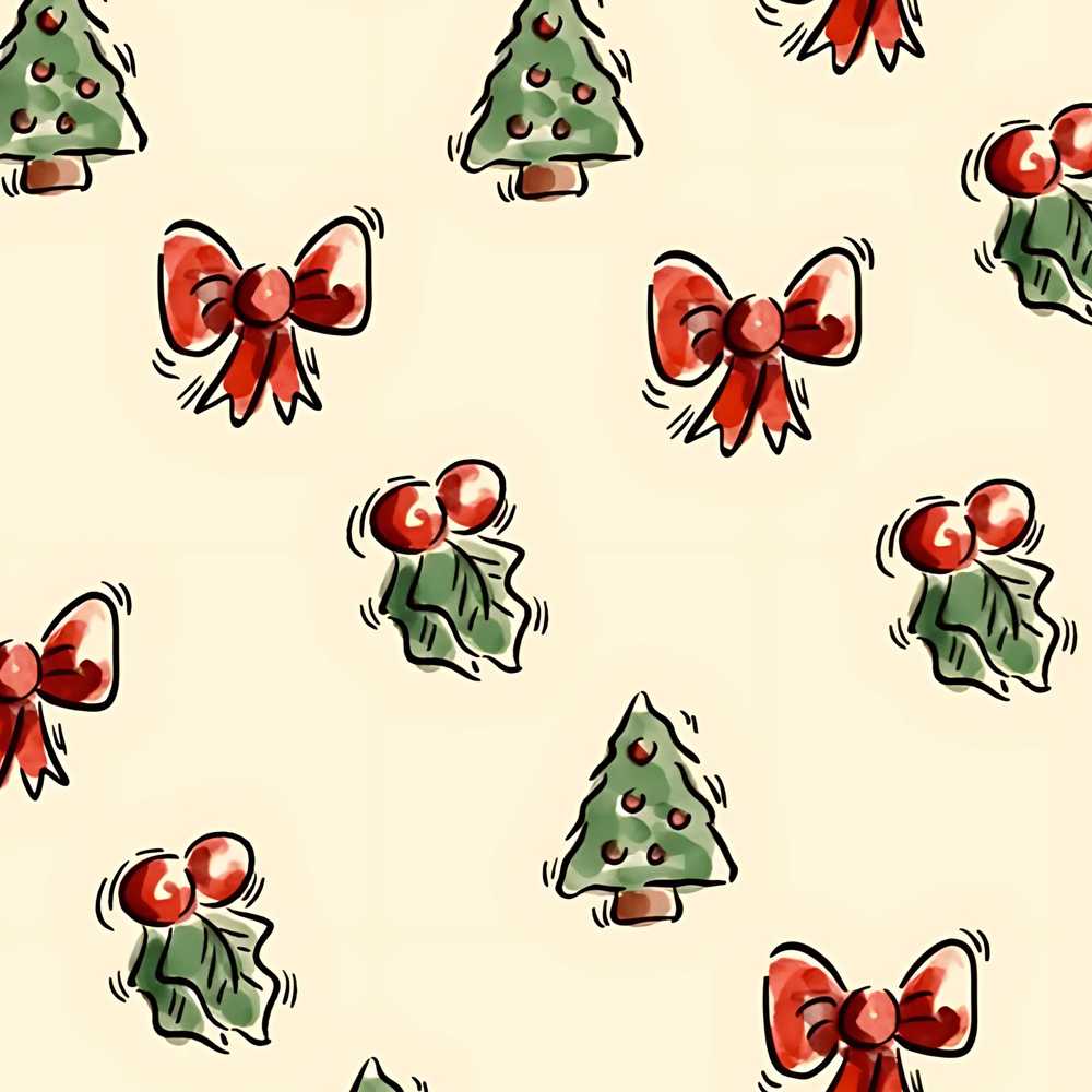 Cute Christmas Bows Holly Berries Tree Doodle Festive