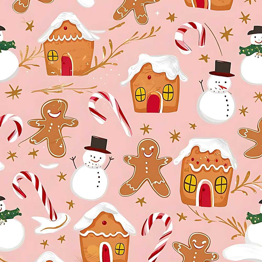 Cute Gingerbread House Candy Cane Snowman Pink Festive