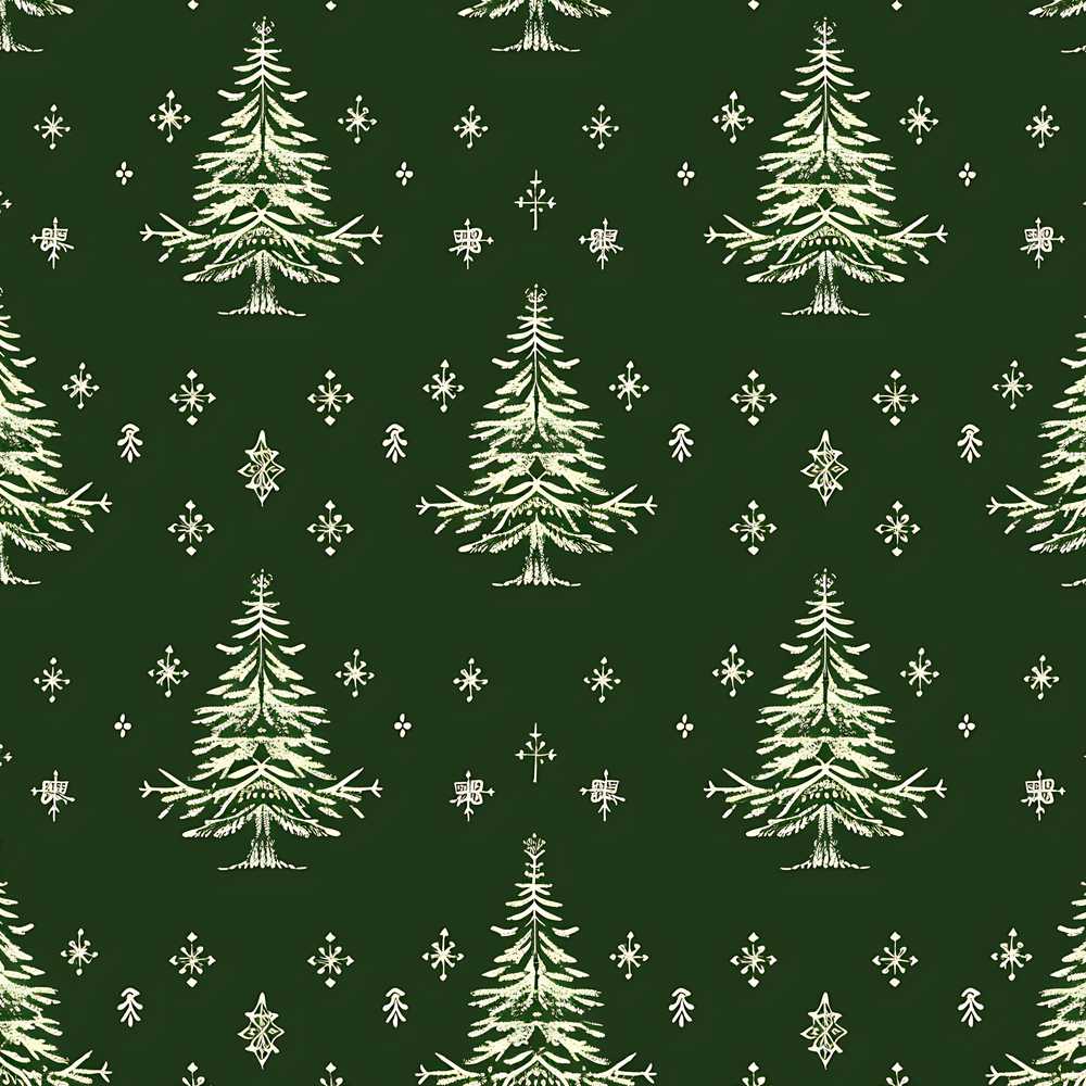 Vintage White Christmas Trees and Snowflakes Green Festive