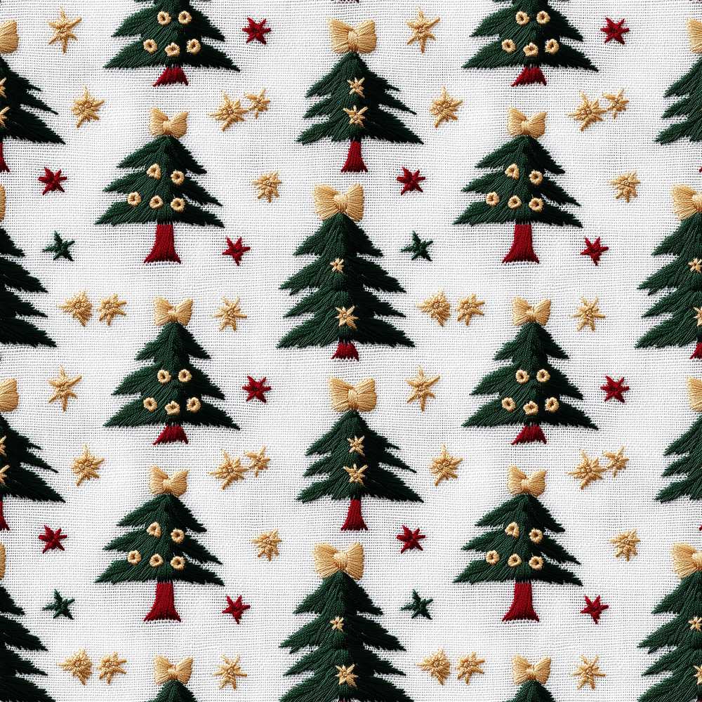 Festive Embroidered Christmas Trees Stars Holiday Seasonal Pattern