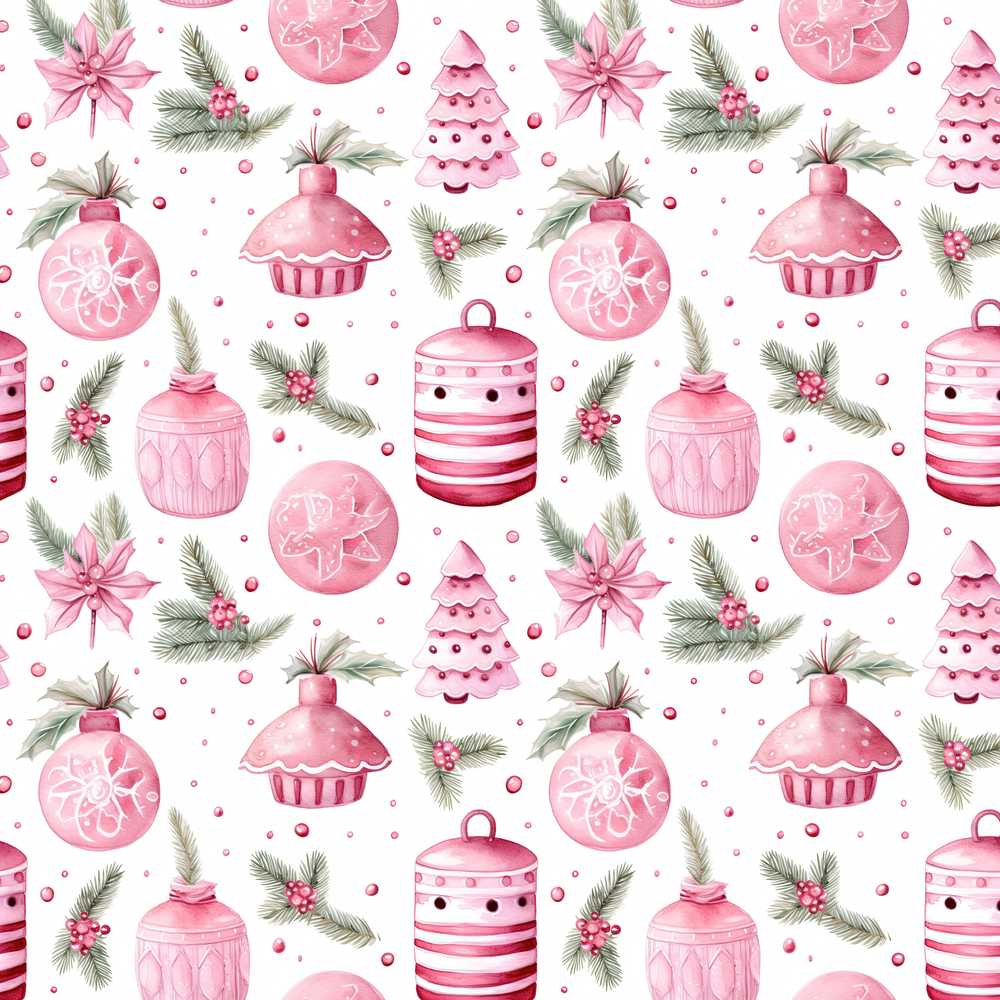 Elegant Pink Christmas Ornaments Holly Leaves Watercolor Wildflower Pattern