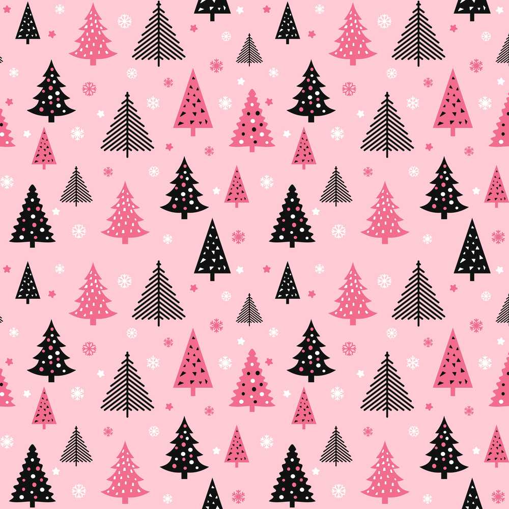 Modern Pink Black Christmas Trees Snowflakes Festive Holiday