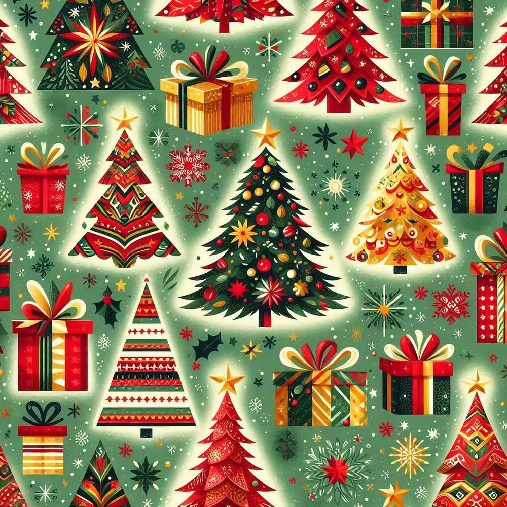 Colorful Christmas Trees Gifts Snowflakes Festive Holiday Seasonal