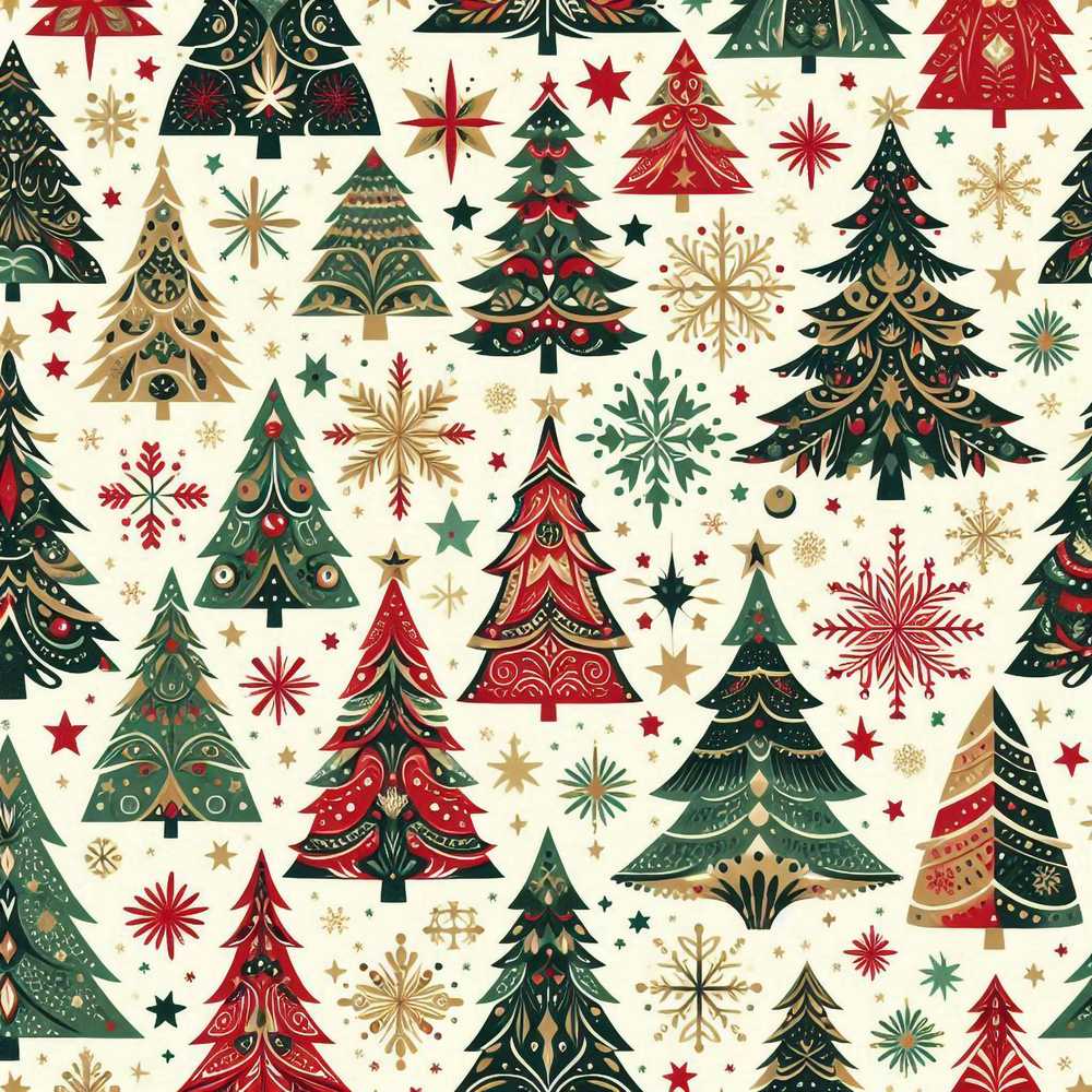 Decorative Christmas Tree Motifs with Snowflakes and Starbursts