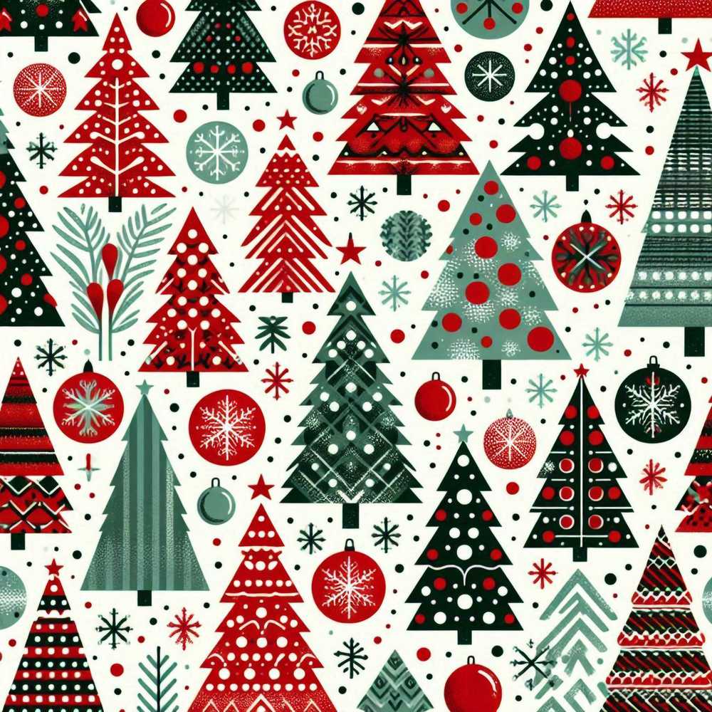 Festive Red Green Christmas Trees with Snowflakes and Baubles