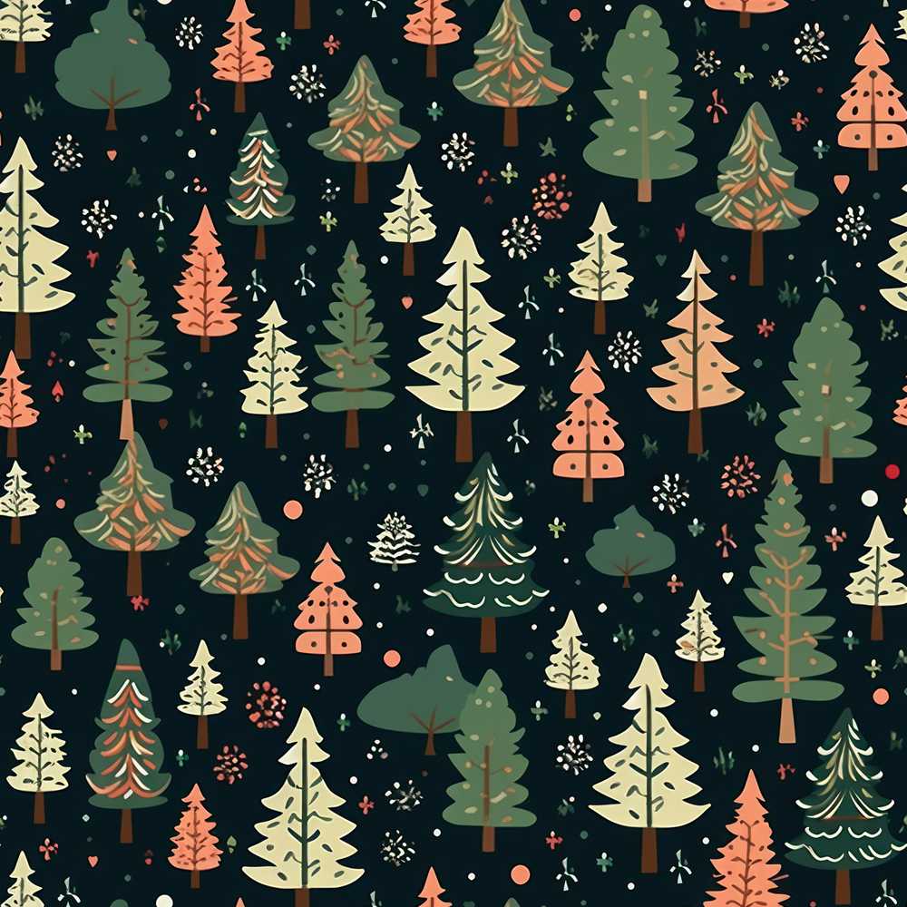 Winter Forest Christmas Trees with Snowflakes on Dark Background