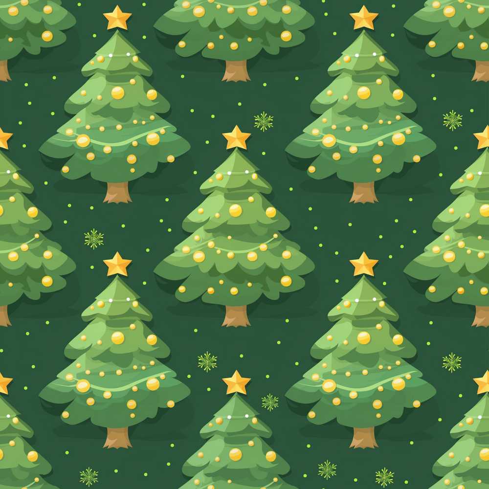 Cartoon Christmas Trees with Golden Baubles and Stars Cute