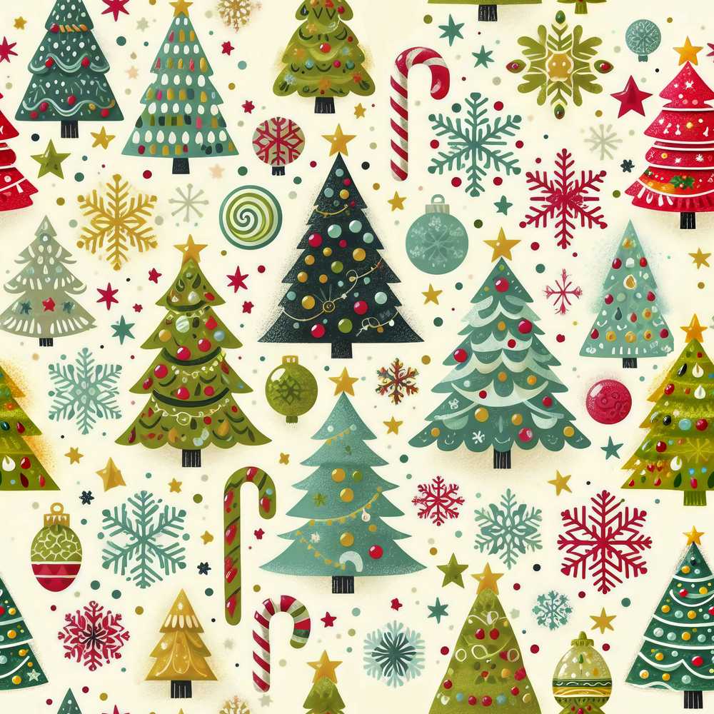 Festive Christmas Trees Candy Canes Snowflakes Stars Baubles Holiday