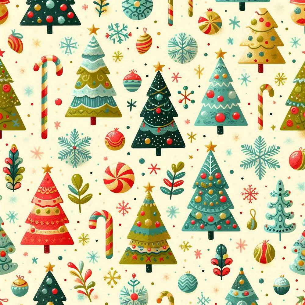 Whimsical Christmas Trees with Candy Canes Baubles and Snowflakes