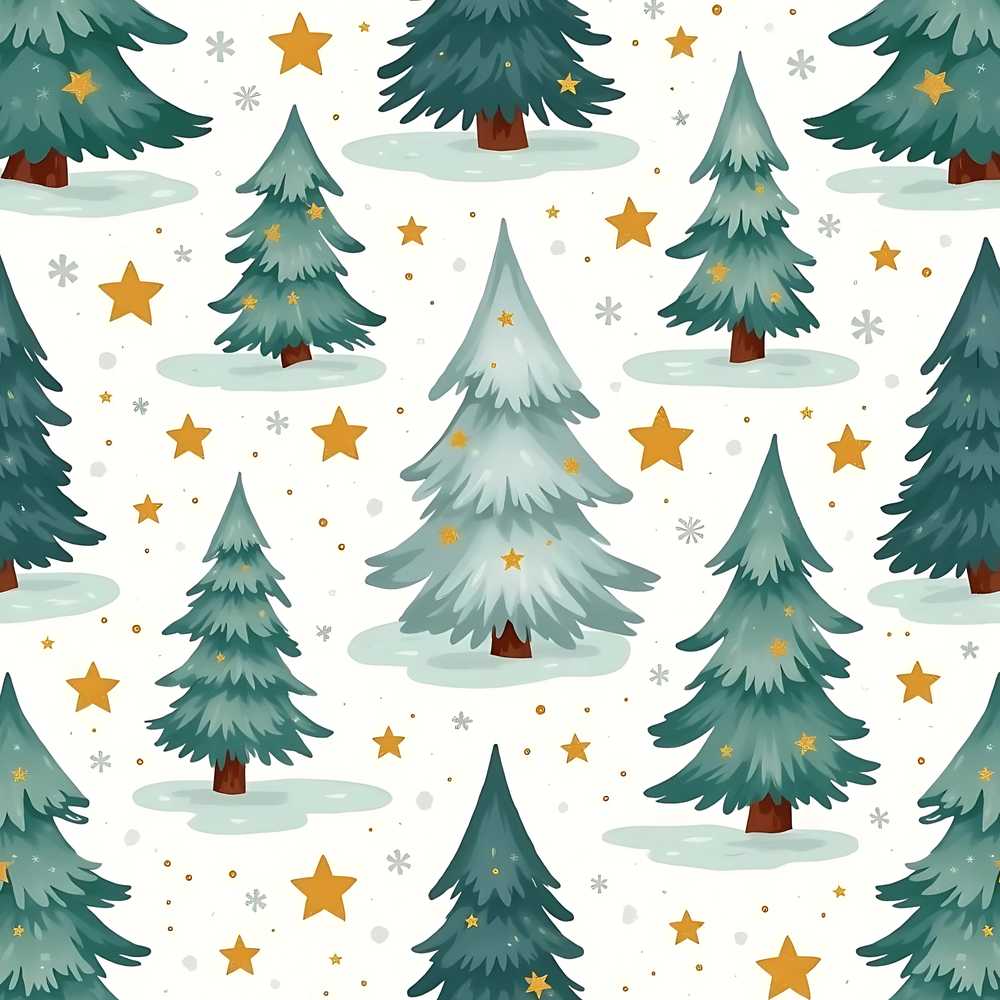 Snowy Christmas Pine Trees with Golden Stars Winter