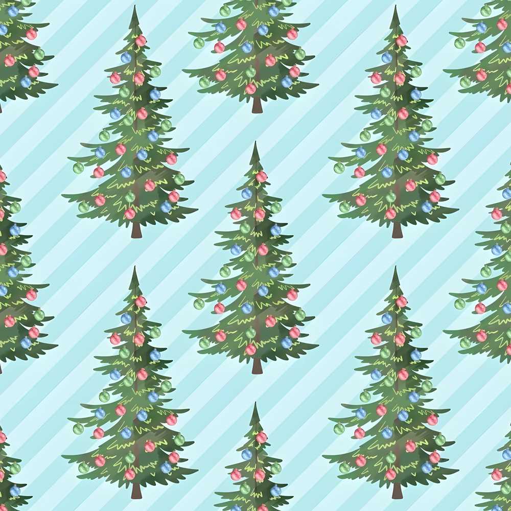 Decorated Christmas Trees with Colorful Baubles on Blue Striped Background