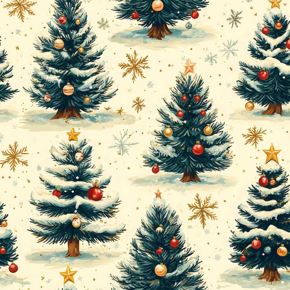 Watercolor Snowy Christmas Trees with Gold Snowflakes Festive