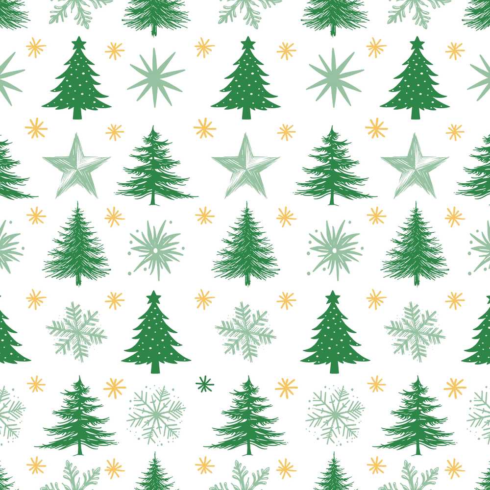 Minimal Green Christmas Trees with Snowflakes and Stars