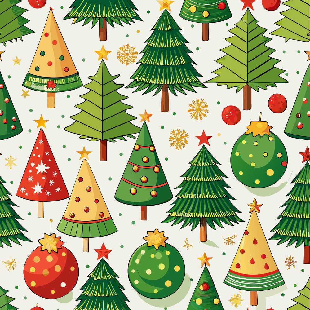 Whimsical Christmas Trees with Baubles Ornaments and Snowflakes