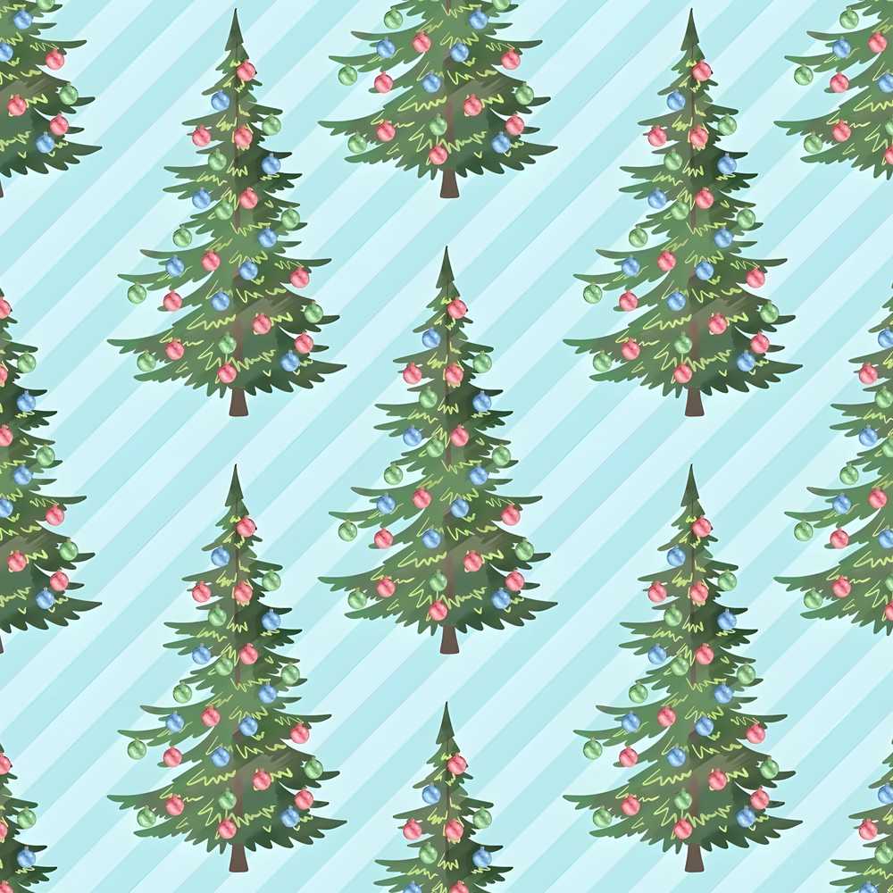 Decorated Christmas Trees with Colorful Baubles on Blue Striped Background
