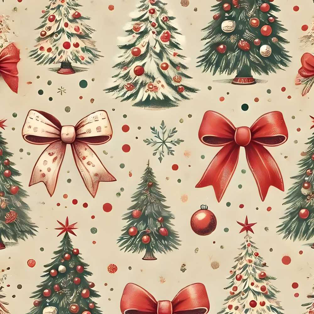 Vintage Christmas Trees with Red Bows Ornaments and Snowflakes